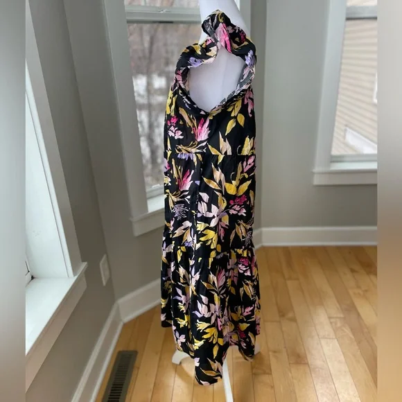 Time and Tru Black Pink Yellow Floral Cotton Off the Shoulder Tiered Maxi Dress - Picture 2 of 11
